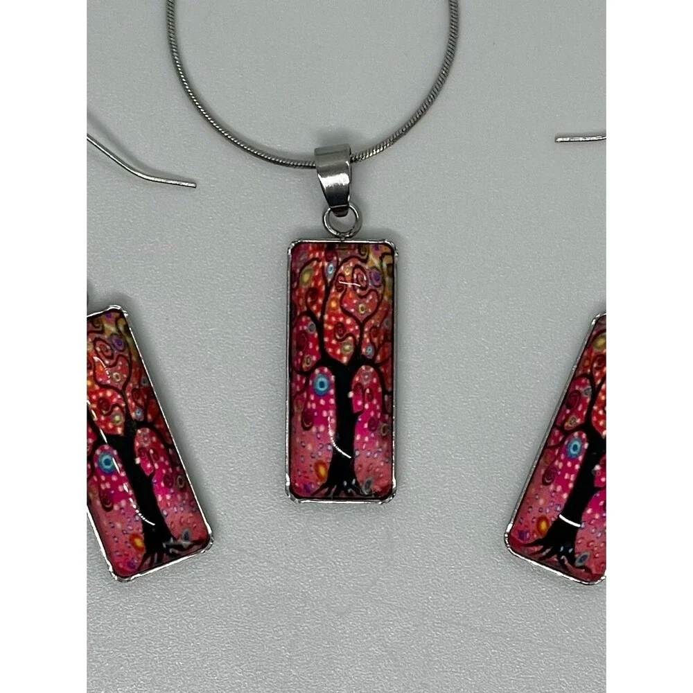 Hand Crafted Pink Red Tree Glass Rectangle Pendant Necklace Earrings Set NWT